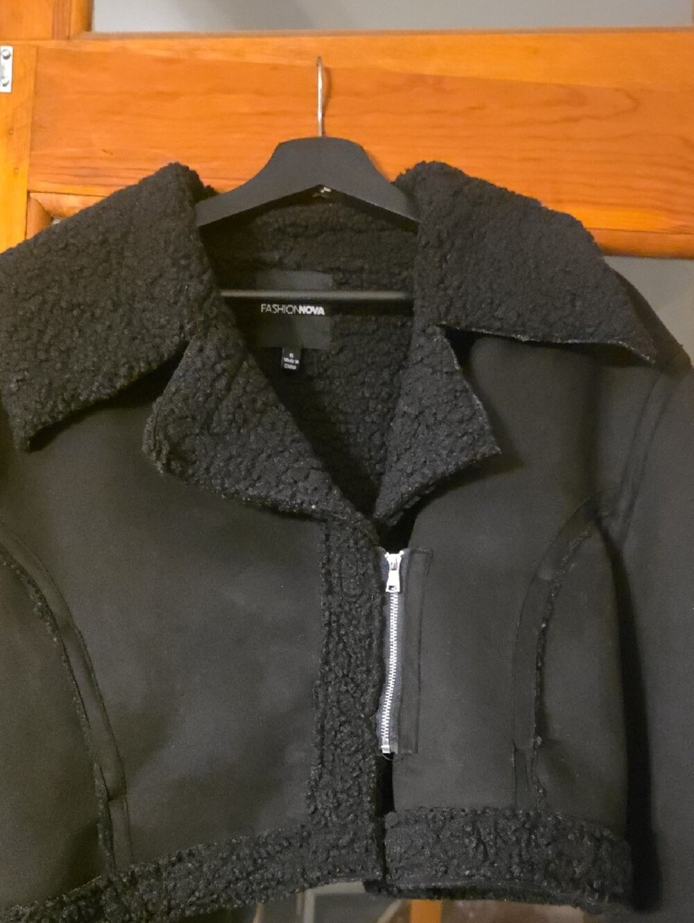 Fashion Nova Black Cropped Teddy Aviator Jacket